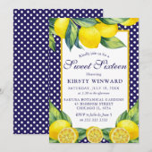 Invitation Aquarelle Lemon Floral Blue Polka Dot Sweet 16 (Devant / Derrière)