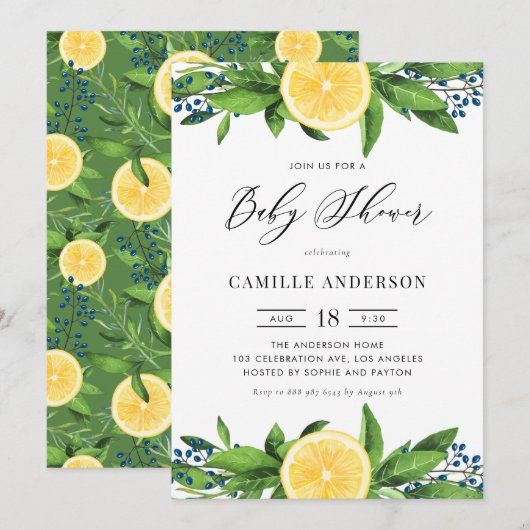 Invitation Aquarelle Lemons Bleu Berries Baby shower d'été (Devant / Derrière)