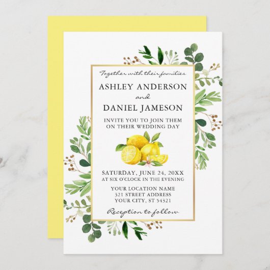 Invitation Aquarelle Lemons Botanique Verdure Mariage (Devant / Derrière)