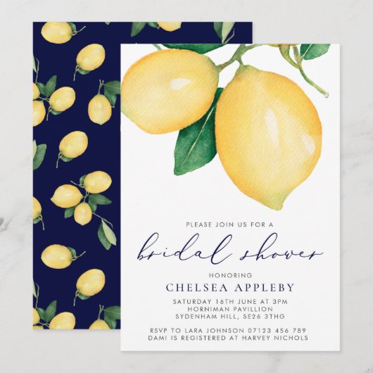 Invitation Aquarelle Lemons et Fête des mariées marine (Devant / Derrière)