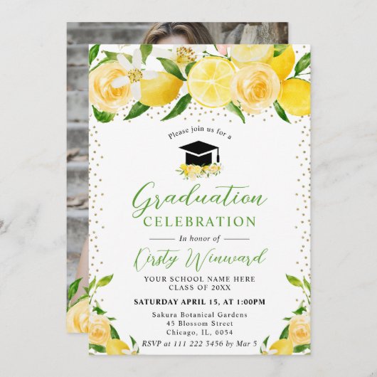 Invitation Aquarelle Lemons et Fleurs Graduation (Devant / Derrière)
