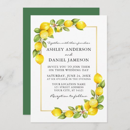 Invitation Aquarelle Lemons Gold Frame Mariage (Devant / Derrière)