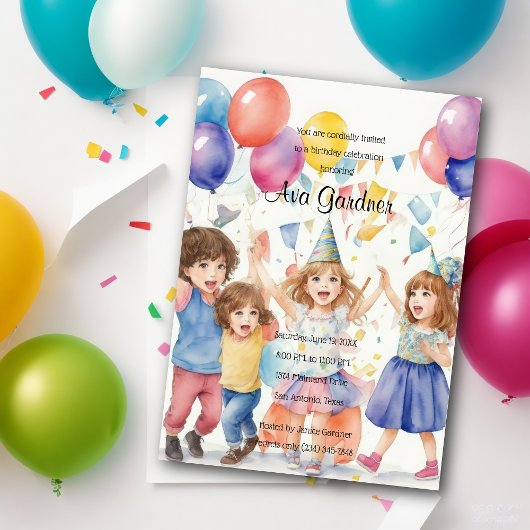 Invitation Aquarelle Les enfants célèbrent l'anniversaire