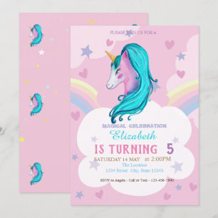 Invitation Aquarelle Licorne Arc-en-ciel Étoiles Cœurs Annive