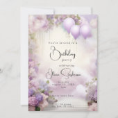 Invitation Aquarelle Lilac Blooms et Ballons QR Anniversaire (Devant)