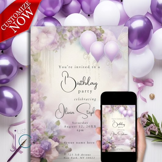 Invitation Aquarelle Lilac Blooms et Ballons QR Anniversaire