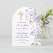 Invitation Aquarelle Lilac Fleurs Arc Première communion (Debout devant)