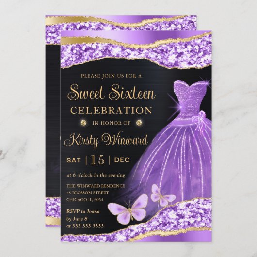 Invitation Aquarelle Lilac Gold Parties scintillant Robe Swee (Devant / Derrière)