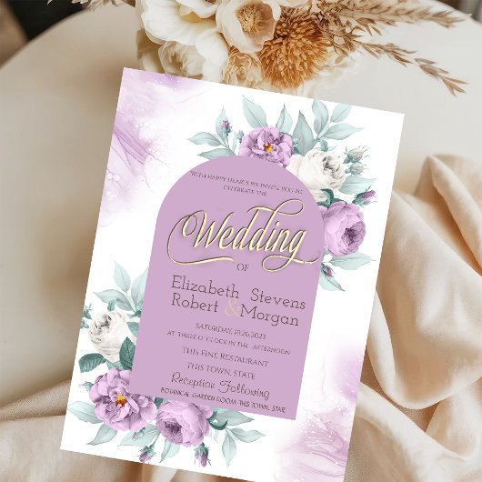 Invitation Aquarelle Lilac Roses Mariage Pois