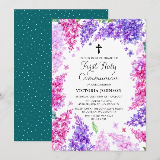 Invitation Aquarelle Lilac Wreath Première communion sainte (Devant / Derrière)