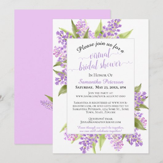 Invitation Aquarelle Lilacs Floral Fête des mariées virtuelle (Devant / Derrière)