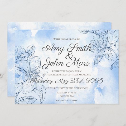 Invitation Aquarelle Lily est en bleu (Devant / Derrière)