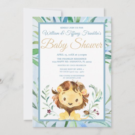 Invitation Aquarelle Lion Boy's Blue Baby shower (Devant)