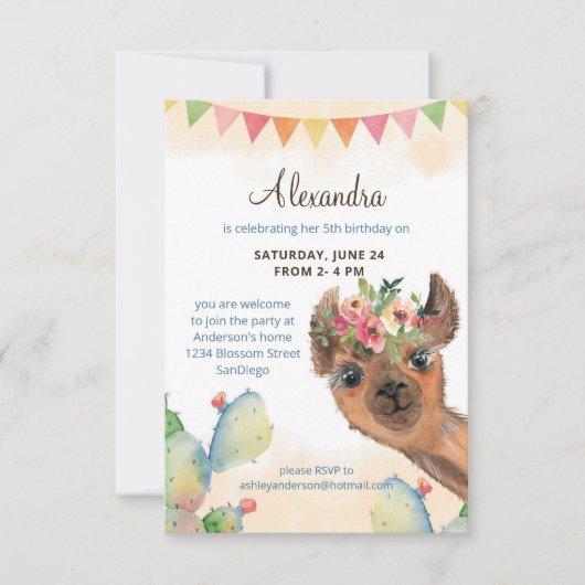 Invitation Aquarelle Llama Anniversaire (Devant)