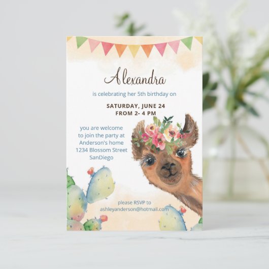 Invitation Aquarelle Llama Anniversaire (Debout devant)