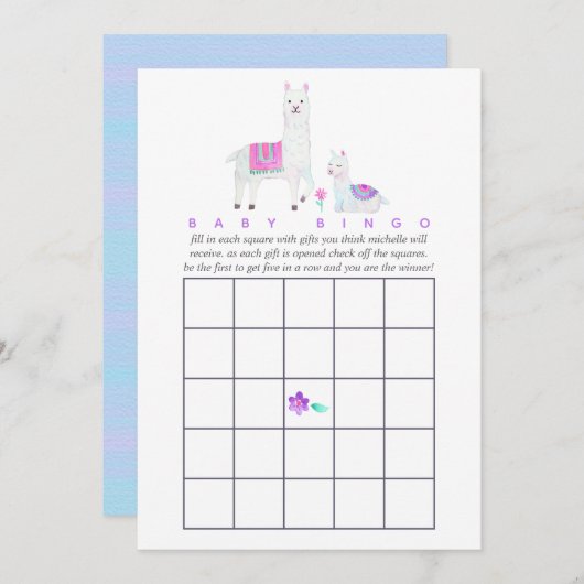 Invitation Aquarelle Llama thème Baby shower Bingo (Devant / Derrière)