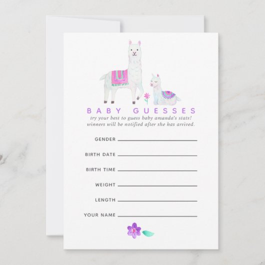 Invitation Aquarelle Llama thème Baby shower Guesser Jeu (Devant)