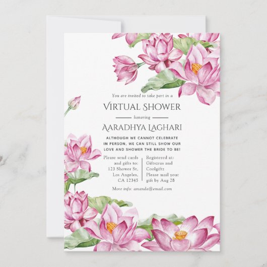 Invitation Aquarelle Lotus Flower Indian Virtual Douche (Devant)