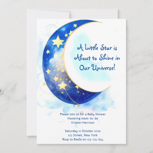 Invitation Aquarelle Lune et Baby shower étoiles (Devant)