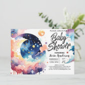 Invitation Aquarelle Lune et Baby shower étoiles (Debout devant)