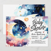 Invitation Aquarelle Lune et Baby shower étoiles (Devant / Derrière)