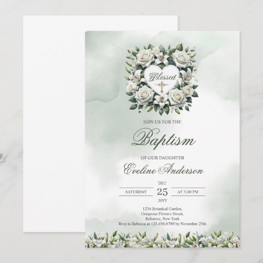 Invitation Aquarelle Lys blancs et or Baptême (Devant / Derrière)