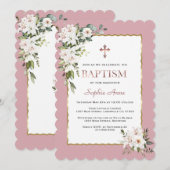 Invitation Aquarelle Lys blancs Rose Gold Girl Baptême (Devant / Derrière)