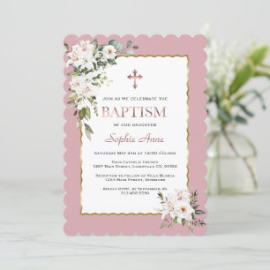 Invitation Aquarelle Lys blancs Rose Gold Girl Baptême