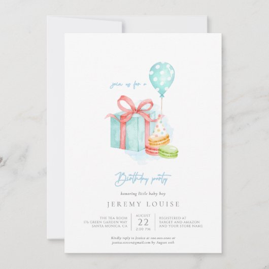 Invitation Aquarelle Macarons bébé garçon fête d'anniversaire (Devant)