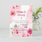 Invitation Aquarelle Magenta Rose rose Premier anniversaire P (Debout devant)