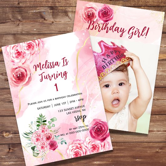Invitation Aquarelle Magenta Rose rose Premier anniversaire P