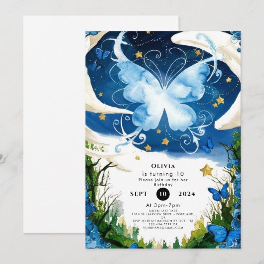Invitation Aquarelle Magie Papillon Anniversaire (Devant / Derrière)