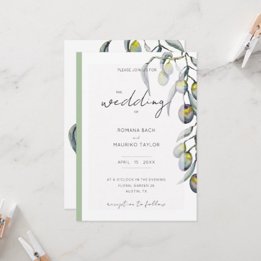 Invitation Aquarelle magique à branche d'olivier peinte à la (Devant/Arrière en situation)