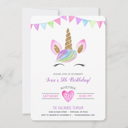 Invitation Aquarelle magique arc-en-ciel Unicorn Anniversaire (Devant)