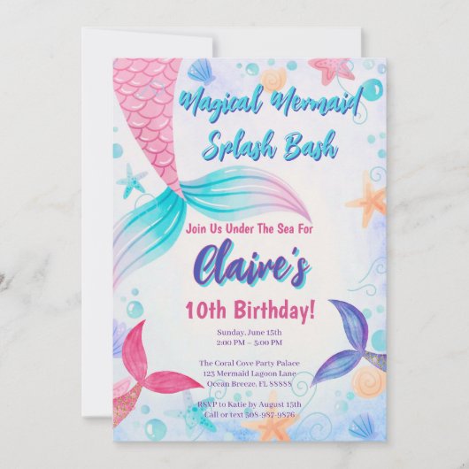 Invitation Aquarelle Magique de sirène Queue Anniversaire (Devant)