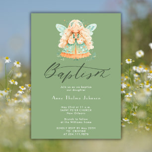Invitation Aquarelle Magique Fée Fille Sage Vert Baptême