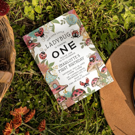 Invitation Aquarelle magique mignonne Ladybug Girls 1er anniv