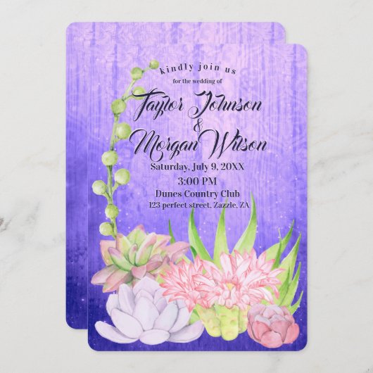 Invitation Aquarelle magique Succulents Mariage pourpre (Devant / Derrière)
