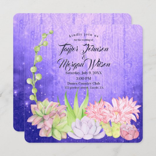 Invitation Aquarelle magique Succulents Mariage pourpre (Devant / Derrière)