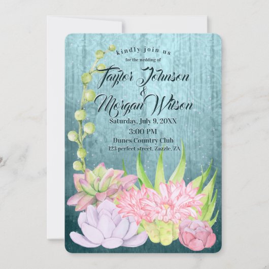 Invitation Aquarelle magique Succulents Mariage Turquoise (Devant)
