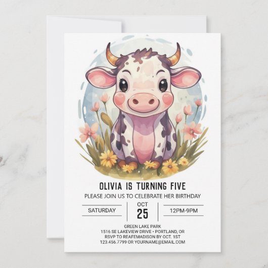 Invitation Aquarelle Magique Vache de ferme Anniversaire (Devant)