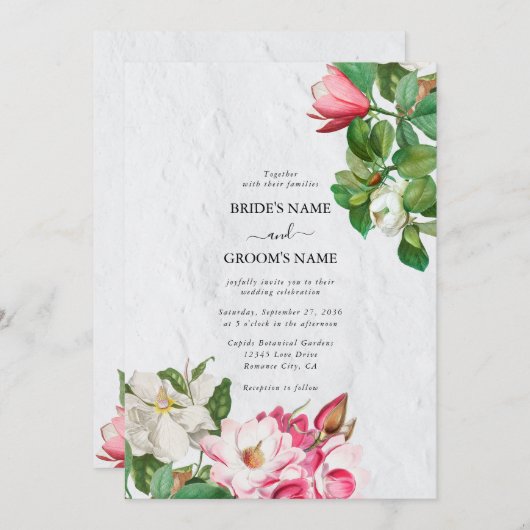 Invitation Aquarelle Magnolia Fleurs Mariage (Devant / Derrière)