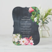 Invitation Aquarelle Magnolia Fleurs Mariage Noir Blanc (Debout devant)