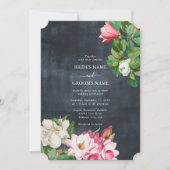 Invitation Aquarelle Magnolia Fleurs Mariage Noir Blanc (Devant)