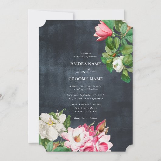Invitation Aquarelle Magnolia Fleurs Mariage Noir Blanc (Devant)