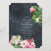 Invitation Aquarelle Magnolia Fleurs Mariage Noir Blanc (Devant / Derrière)
