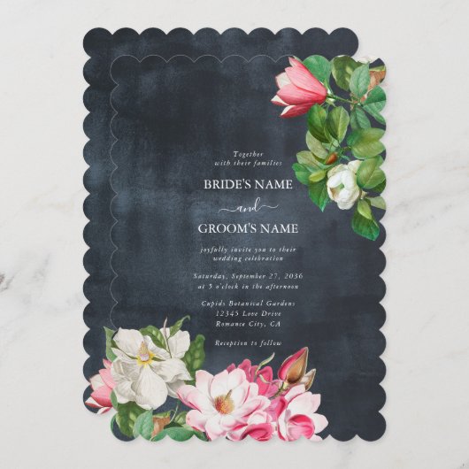 Invitation Aquarelle Magnolia Fleurs Mariage Noir Blanc (Devant / Derrière)