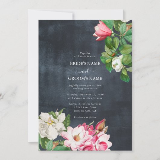 Invitation Aquarelle Magnolia Fleurs Mariage Noir Blanc (Devant)
