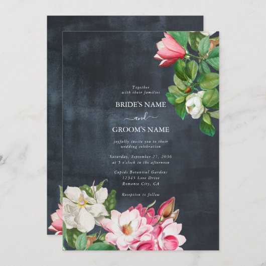 Invitation Aquarelle Magnolia Fleurs Mariage Noir Blanc (Devant / Derrière)