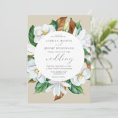 Invitation Aquarelle Magnolia Floral Cercle Mariage beige (Debout devant)